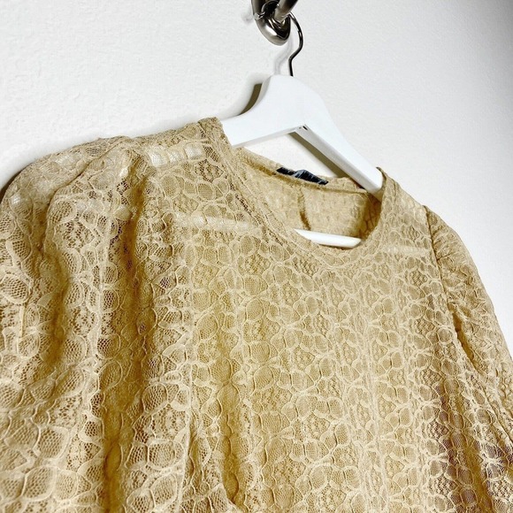 Zara Tan Lace Puff Shoulder Blouse Sz S - Picture 3 of 8